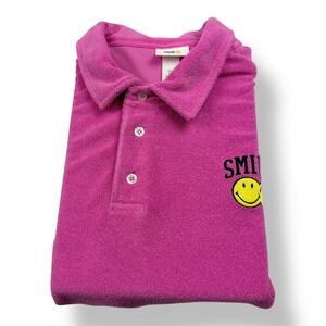 Smiley x H&M Mens XL Pink Terry Cloth Polo Shirt Short Sleeve Smiley Face Logo